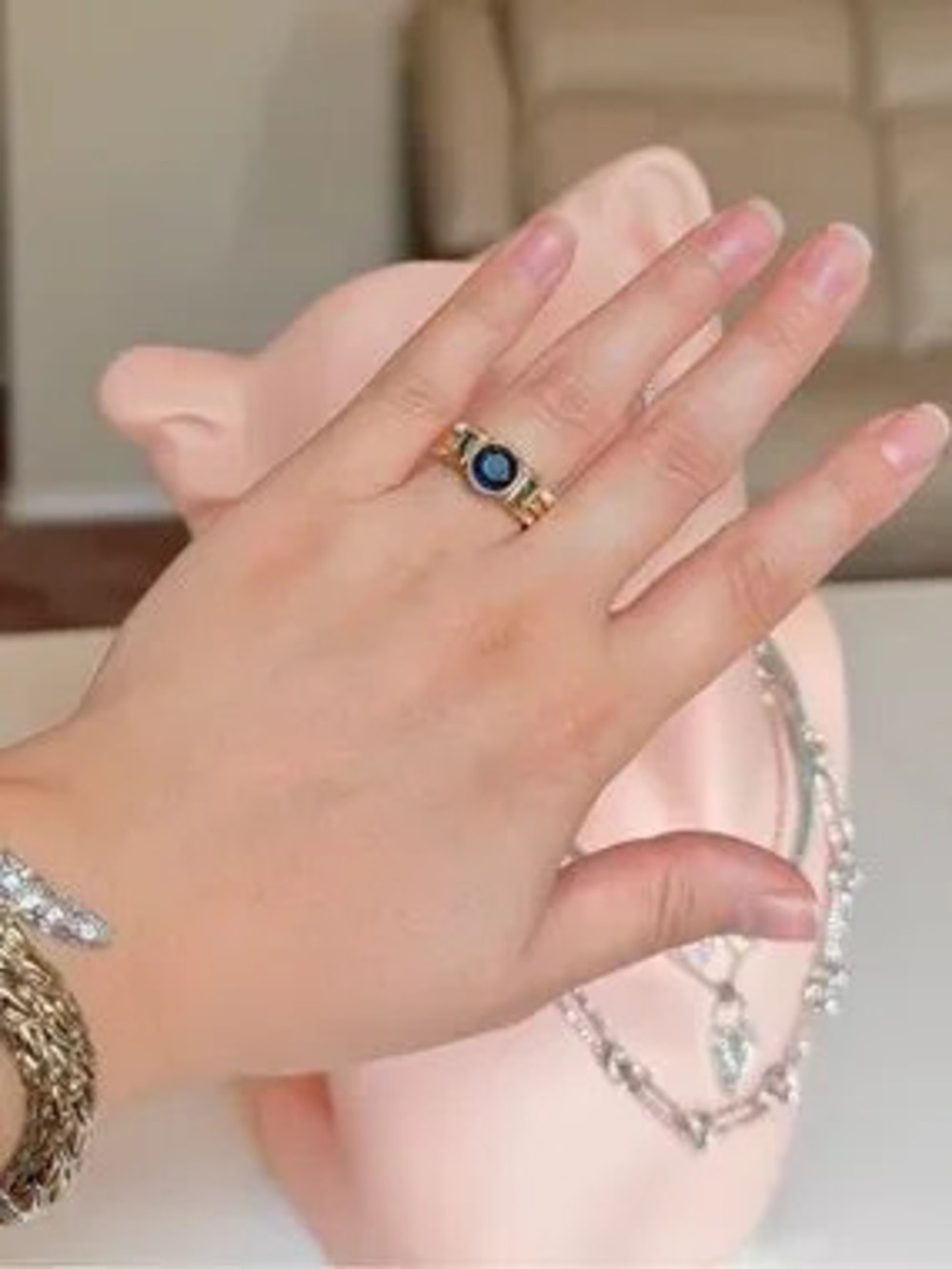 3pcs Gold Rings with Dark Blue Stone SET